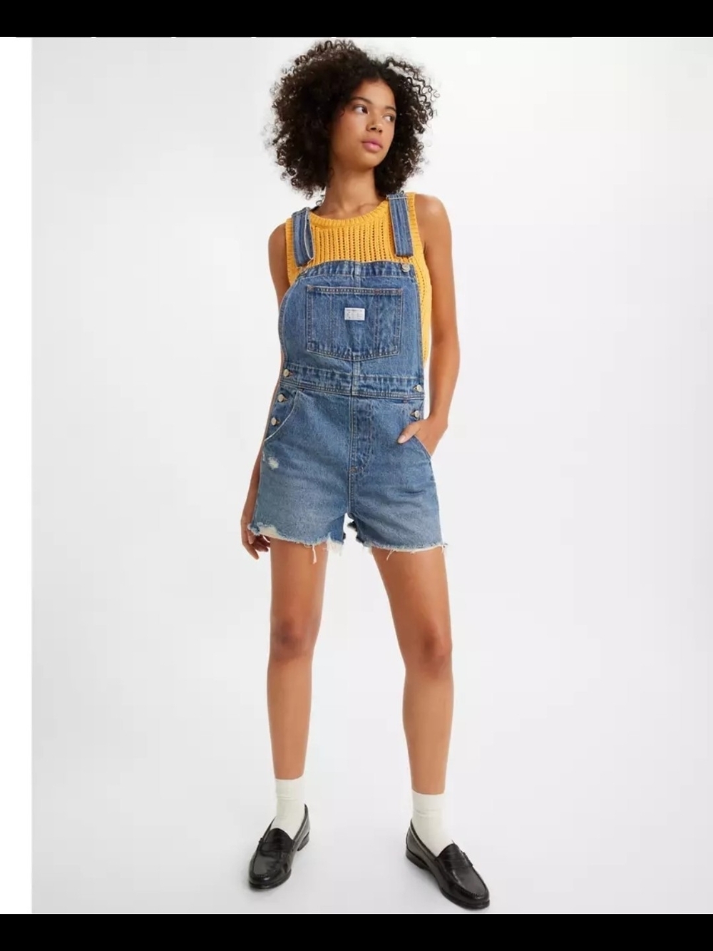 Levi's Blue Denim Short Overalls with Distressed Hem